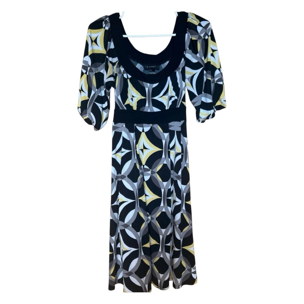 B. Smart Women Geometric Print Puff Sleeve Midi Dress Black Yellow Grey‎ Retro